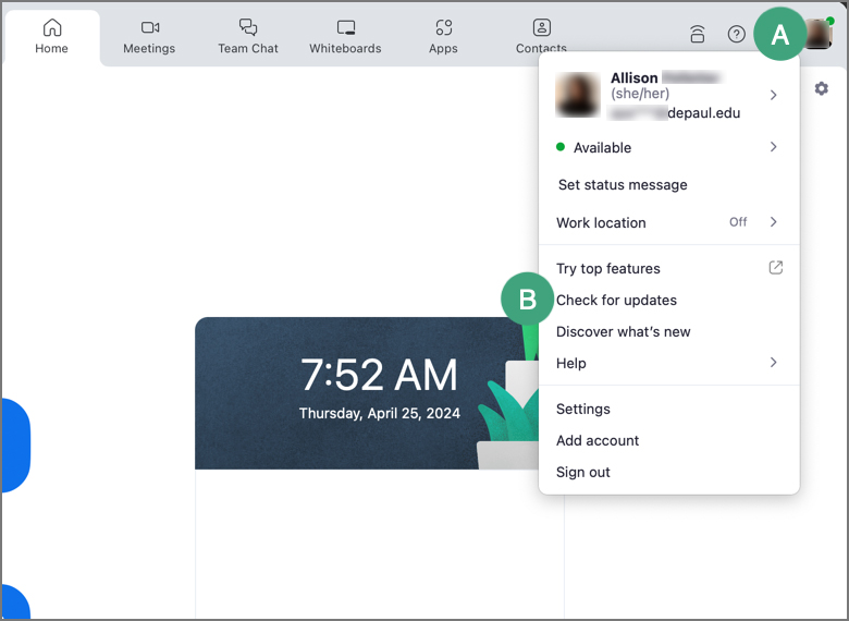 screenshot of the zoom app home with labels on the dropdown menu under user initials