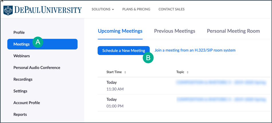 locate meetings and schedule new meeting from profile page