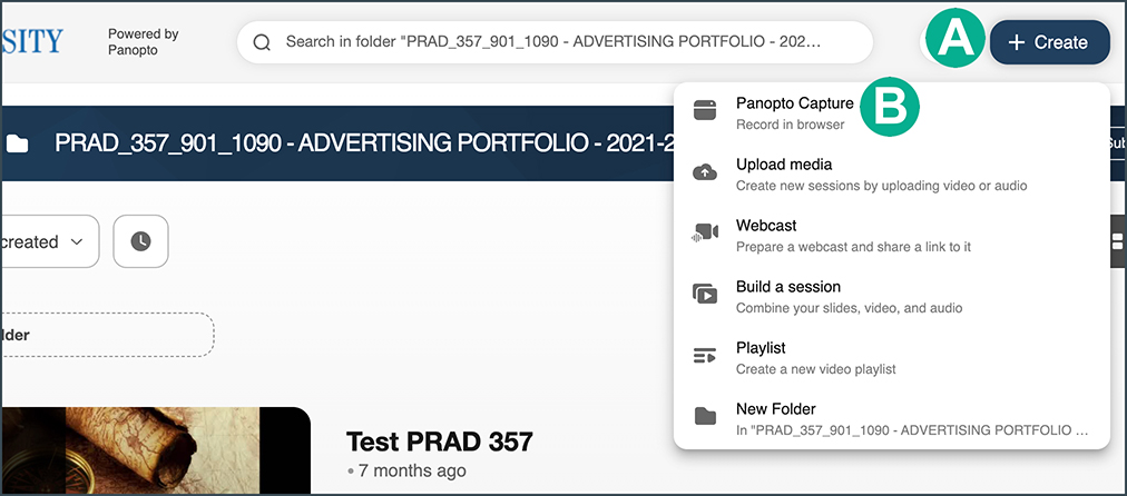locating the Create and Panopto Capture links in the Panopto course folder
