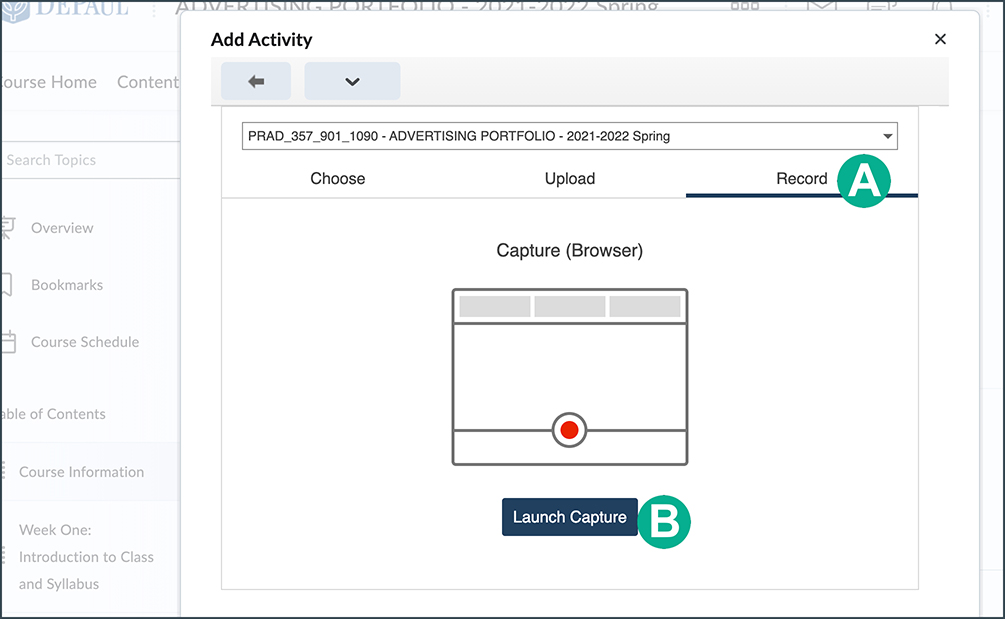 locating the record tab and launch capture buttons
