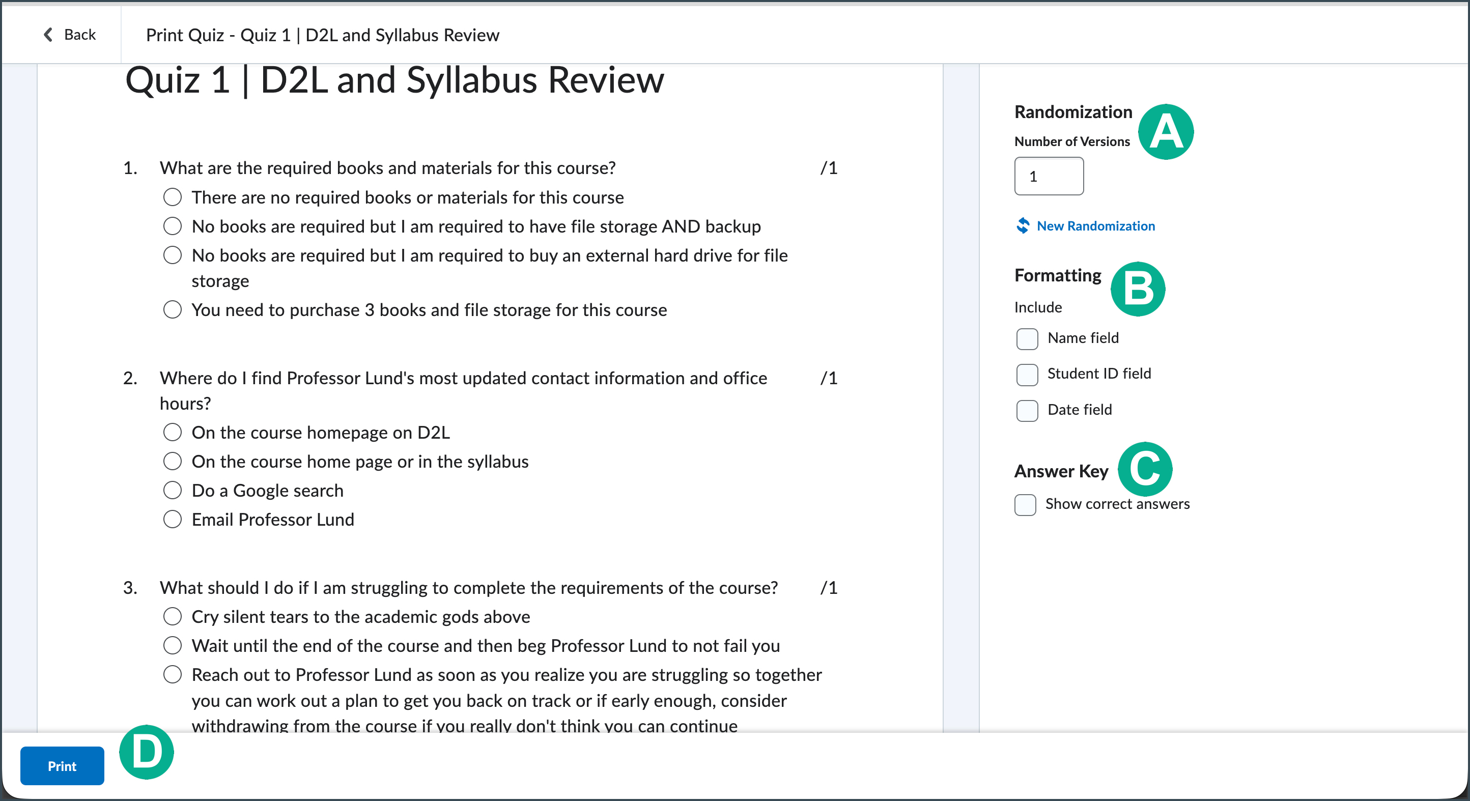 locating the parameters for D2L quiz printing.