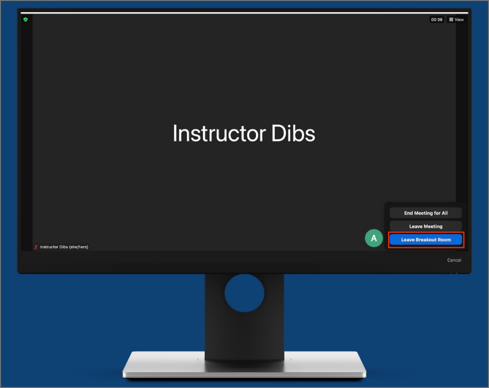 image of desktop monitor with zoom window open and a label on the menu for leaving a breakout room