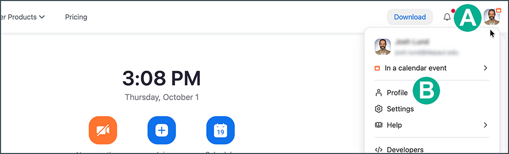 locating the profile from the zoom home page