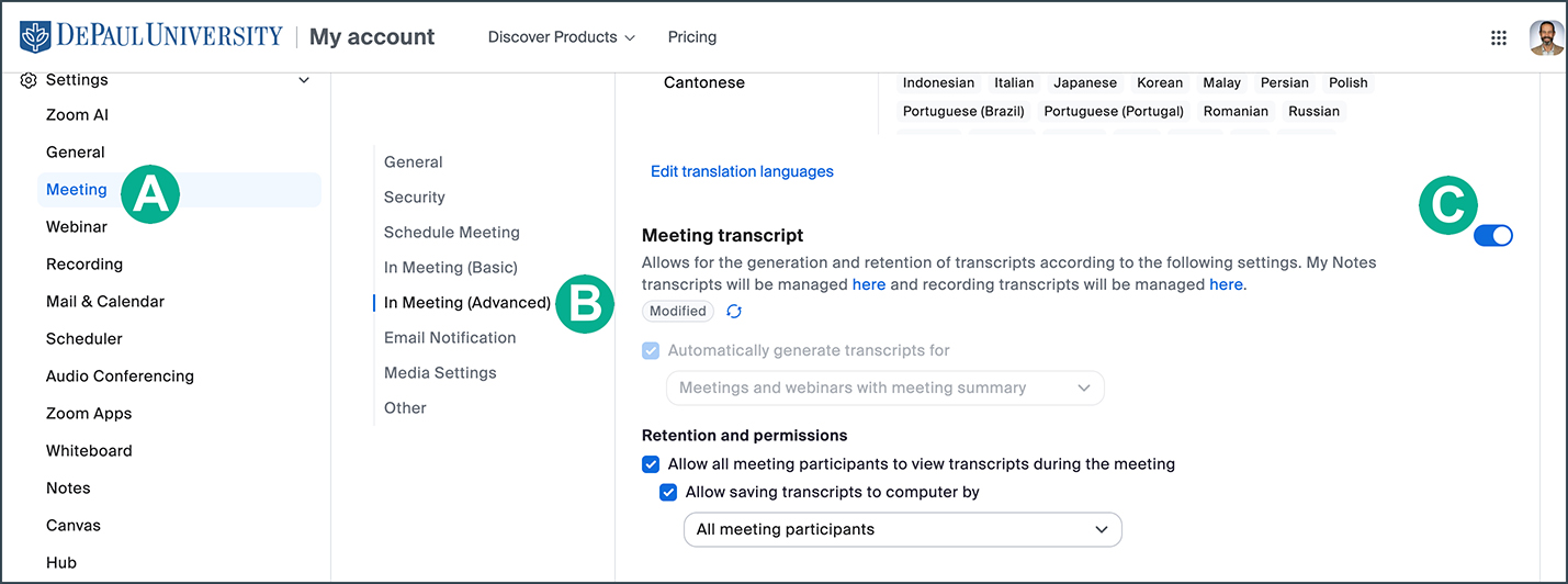 locating the toggle for meeting transcripts