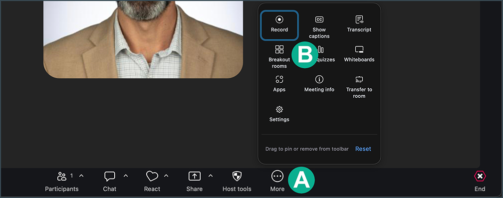location of the More and Breakout Rooms icons in a meeting.