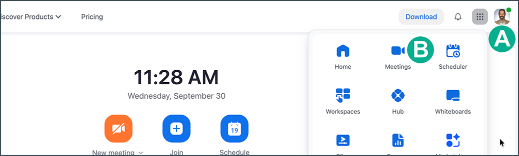 locating the waffle menu and the Meetings link