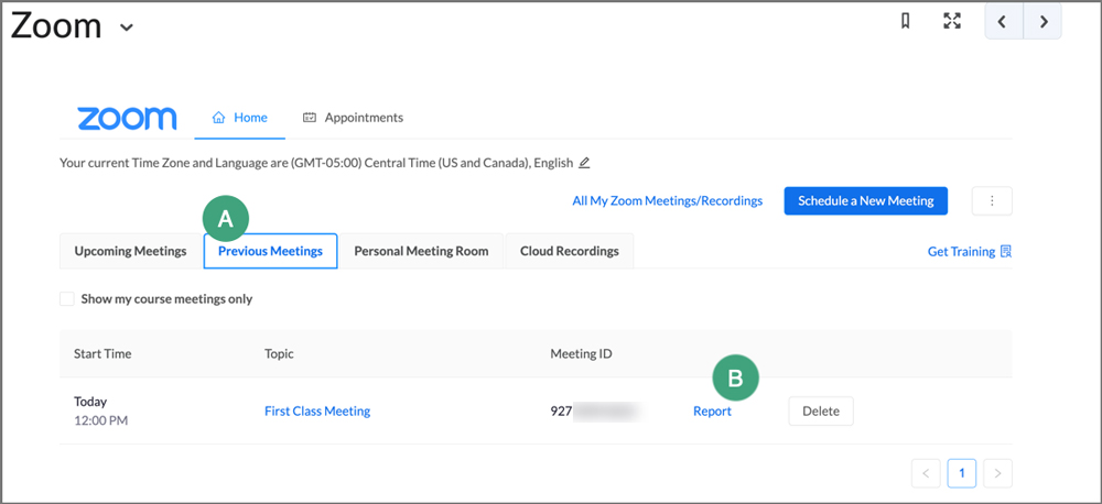 screenshot of the zoom interface within d2l with labels on the previous meeting tab and the report link