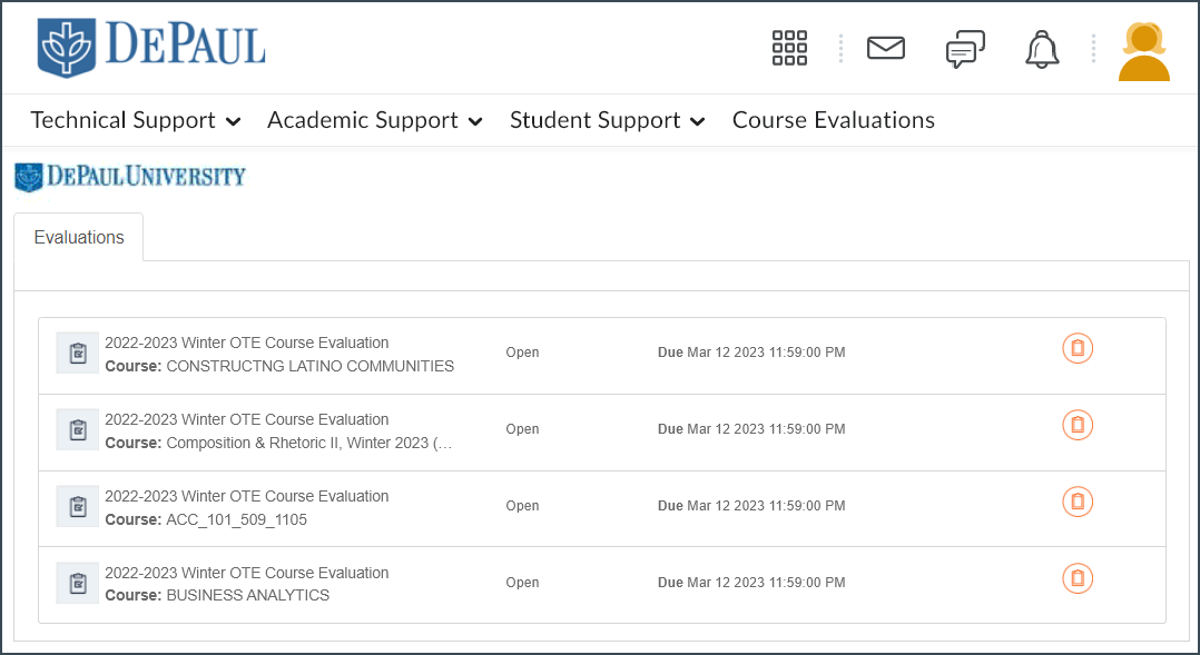 list of course evaluations in D2L